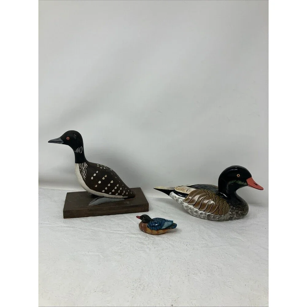 Vintage Duck Figure Lot Of 3 Wood and Ceramic Hand Painted Cabin Hunting Lodge